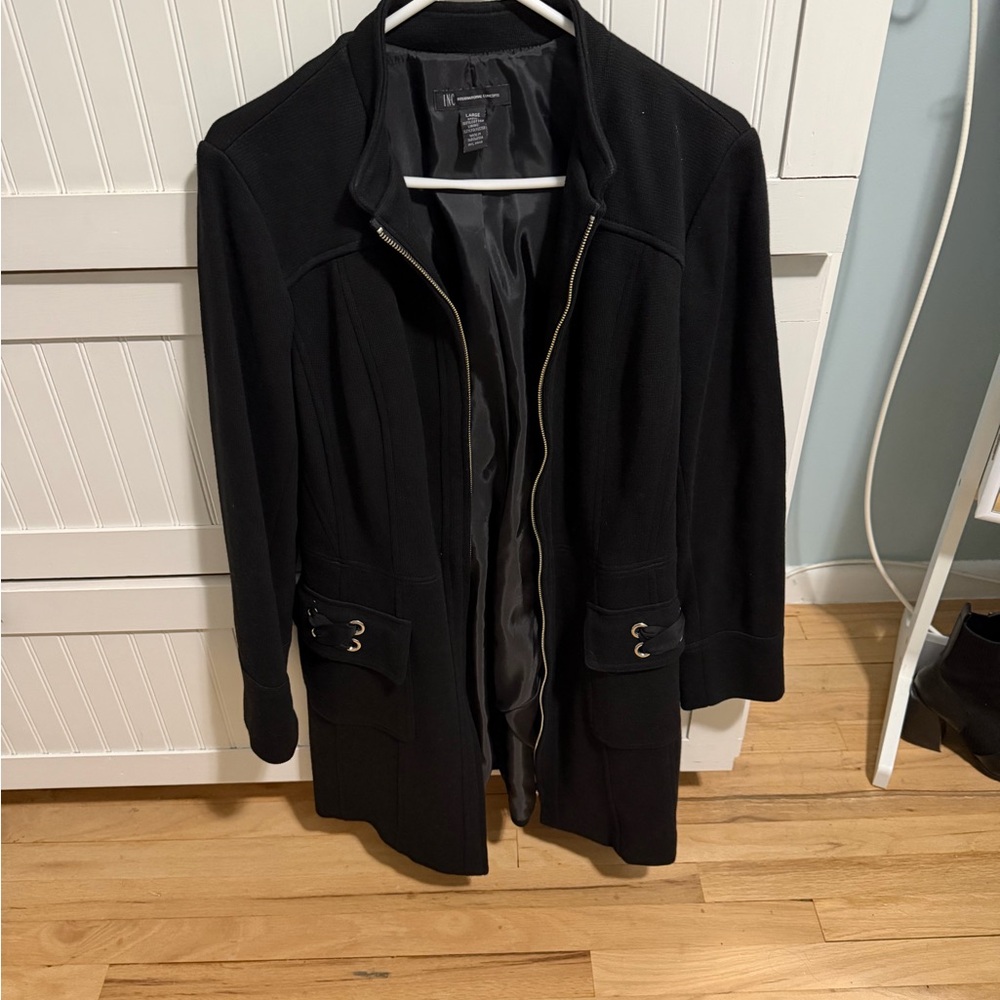 INC International Concepts Black Zip-Front Trench Coat with Grommet Detail
